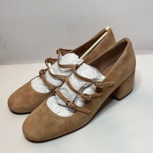 Paolo Suede Triple-Strap Block Heel Pumps in Tan